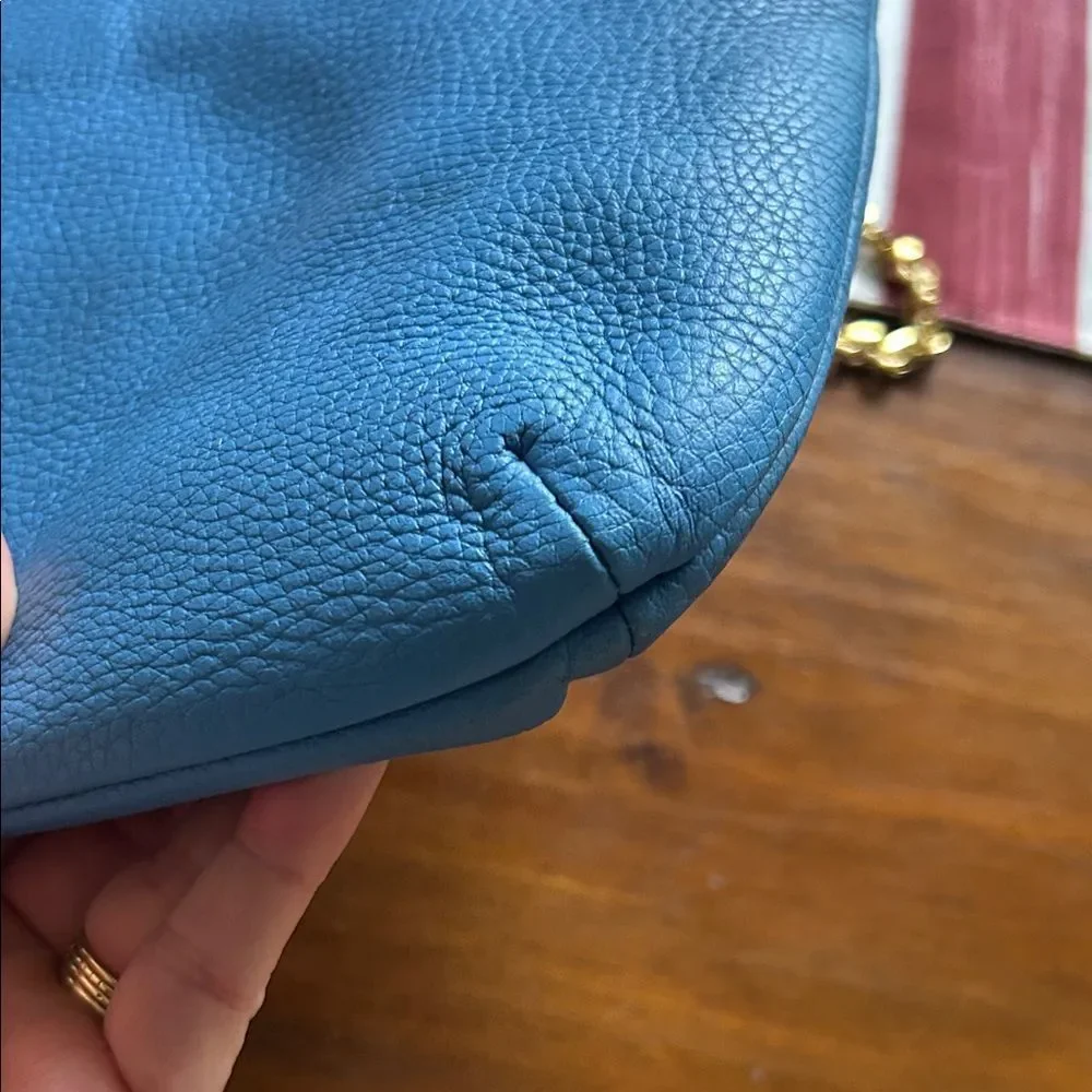 MCM Sky Blue Leather Shoulder Bag with Gold Chain impeccable